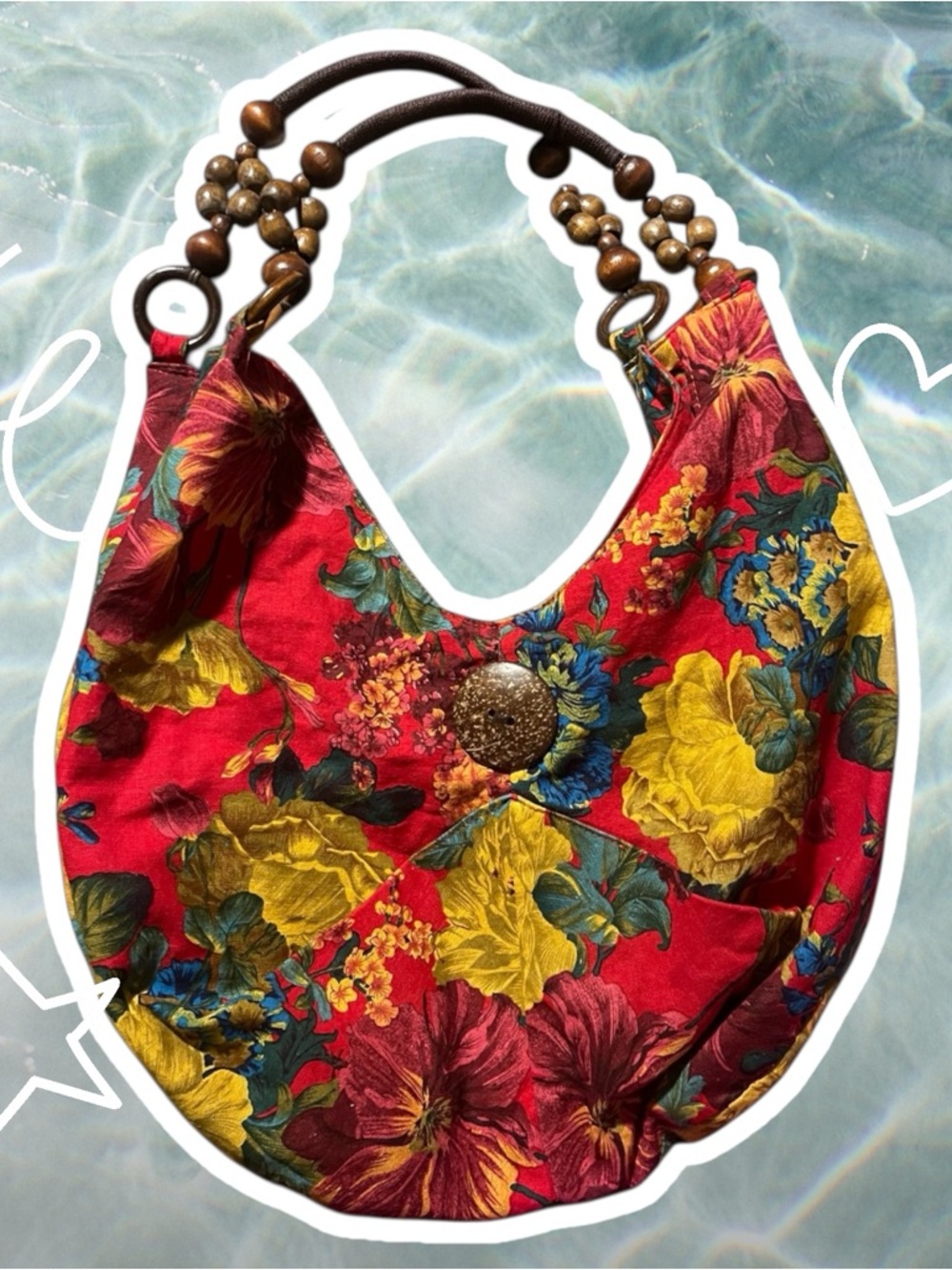 Floral Red Hobo Bag with Wooden Bead Handles
